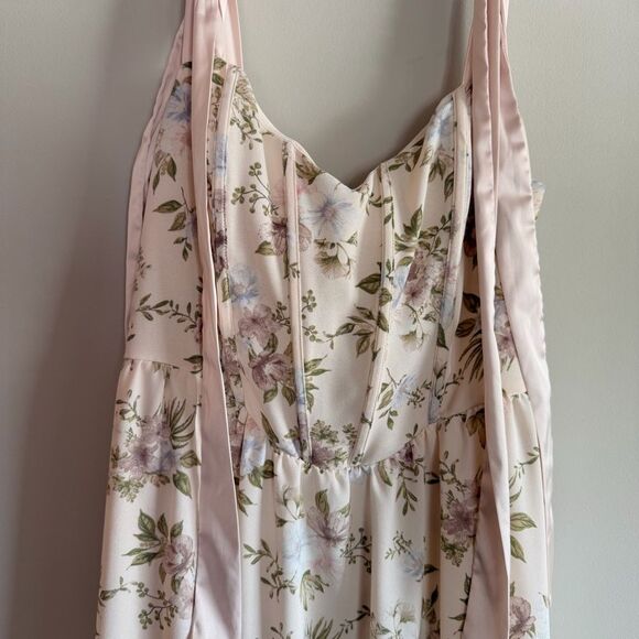 Mine Floral Corset Satin Tie Strap Cottagecore Regency Picnic Midi Dress Large - Picture 5 of 9